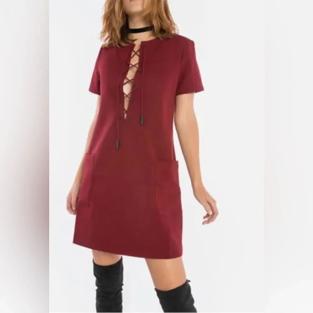 Kendall + Kylie Women's Red Lace-Up Safari Bordeaux Short Sleeve Dress Size XS